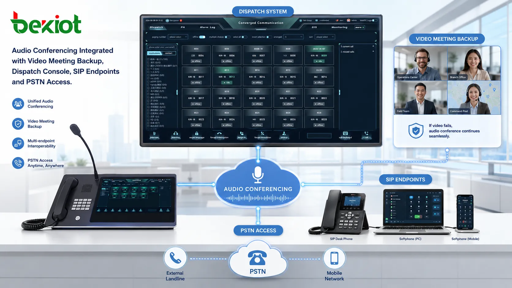 Audioconferência integrada com backup de vídeo console de despacho terminais SIP e acesso PSTN