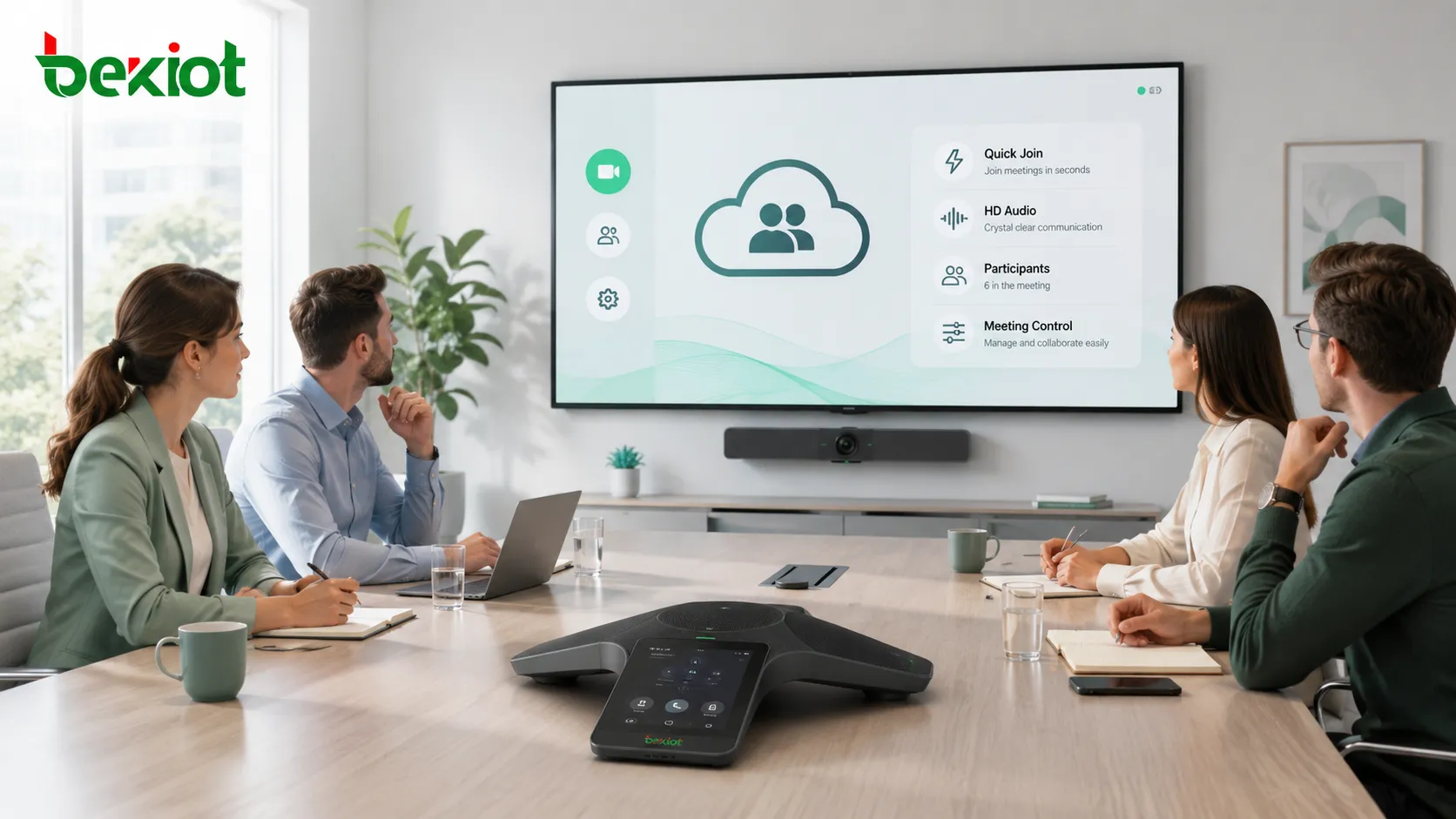 Sala de reunião empresarial usando terminal de conferência de áudio HD com controle de conferência em nuvem
