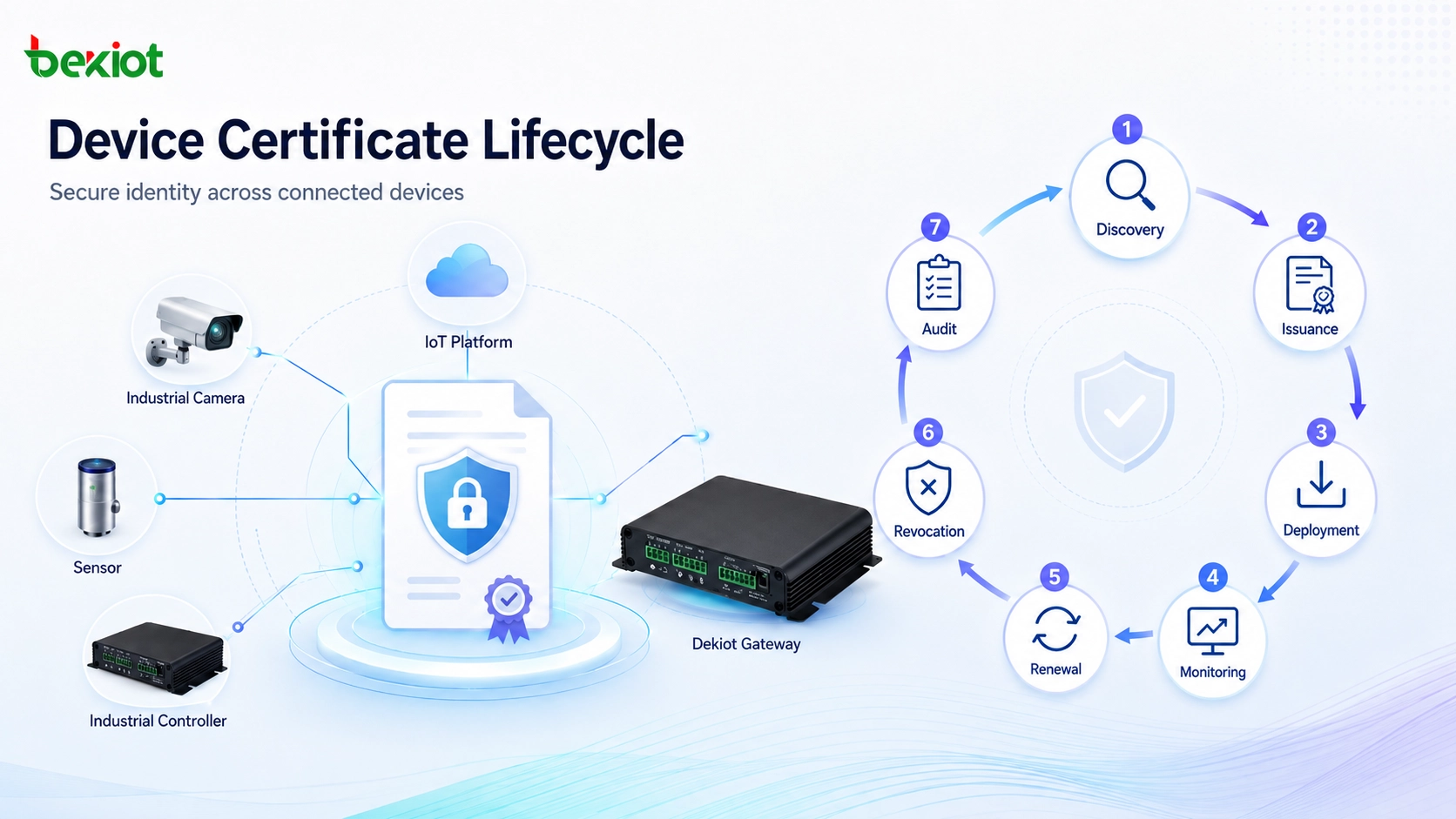 Ciclo de vida do certificado digital mostrando emissão, implantação, renovação, revogação e gerenciamento de auditoria