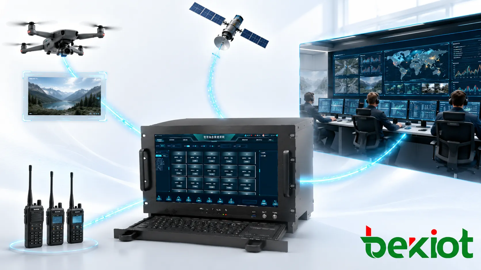 Arquitetura da maleta de comando de emergência conectando rádios vídeo UAV enlace satelital e centro de comando posterior