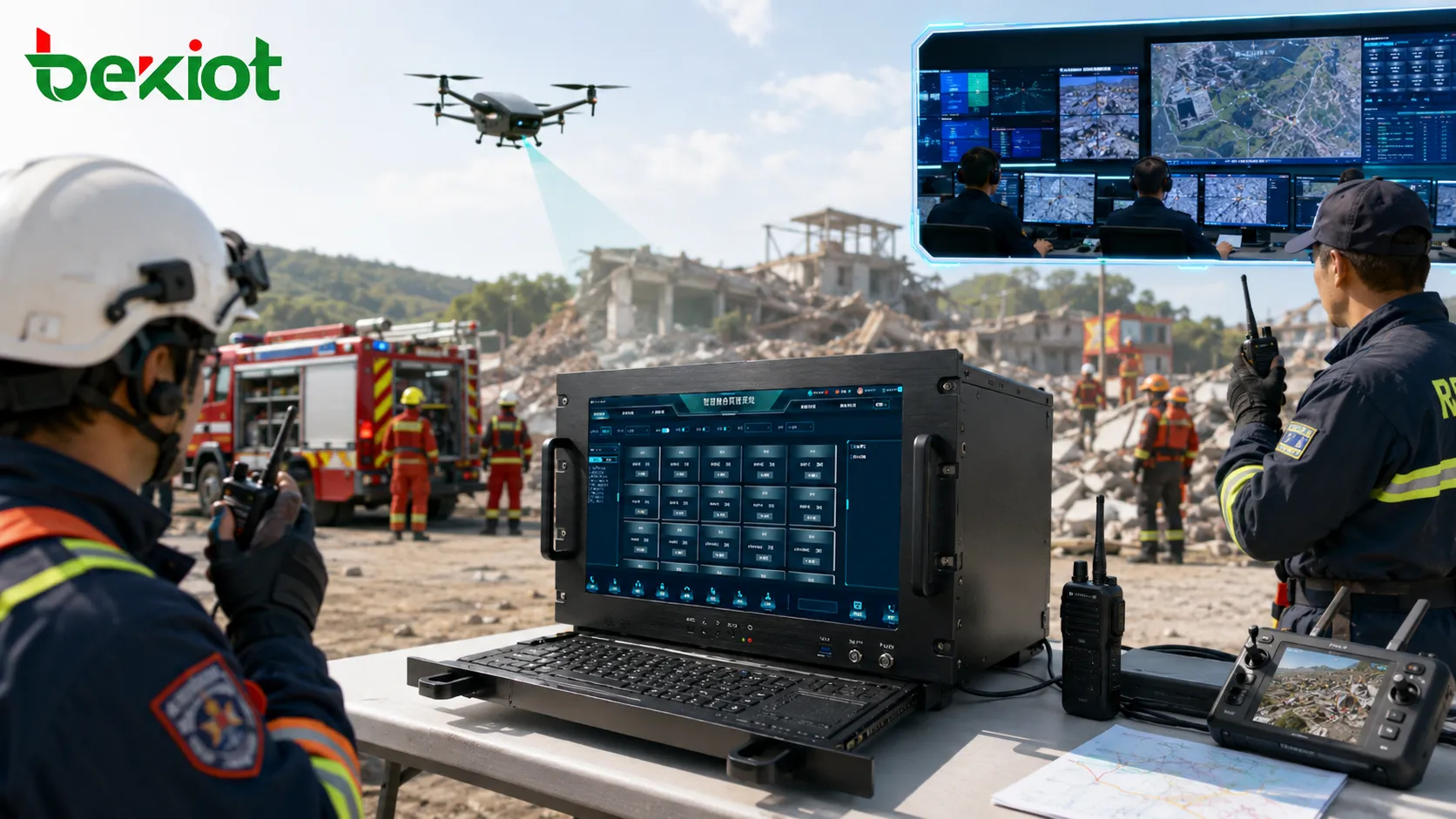 Solução móvel de comando de emergência conectando equipes de resgate rádios vídeo UAV e centro de comando posterior