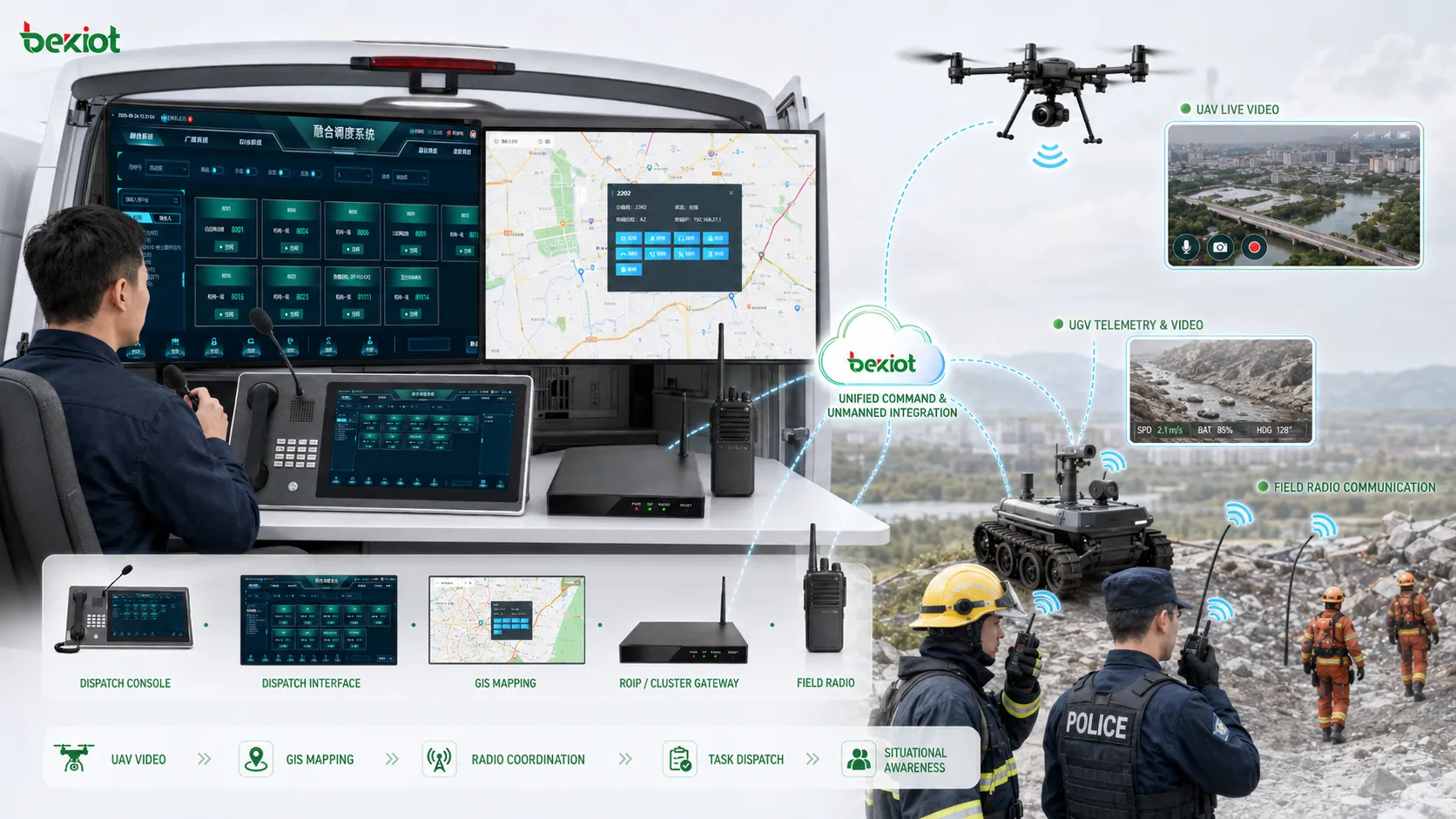 Equipos não tripulados integrados com sistema de comunicação de comando em campo para video UAV mapa GIS coordenação de radio e despacho de tarefas