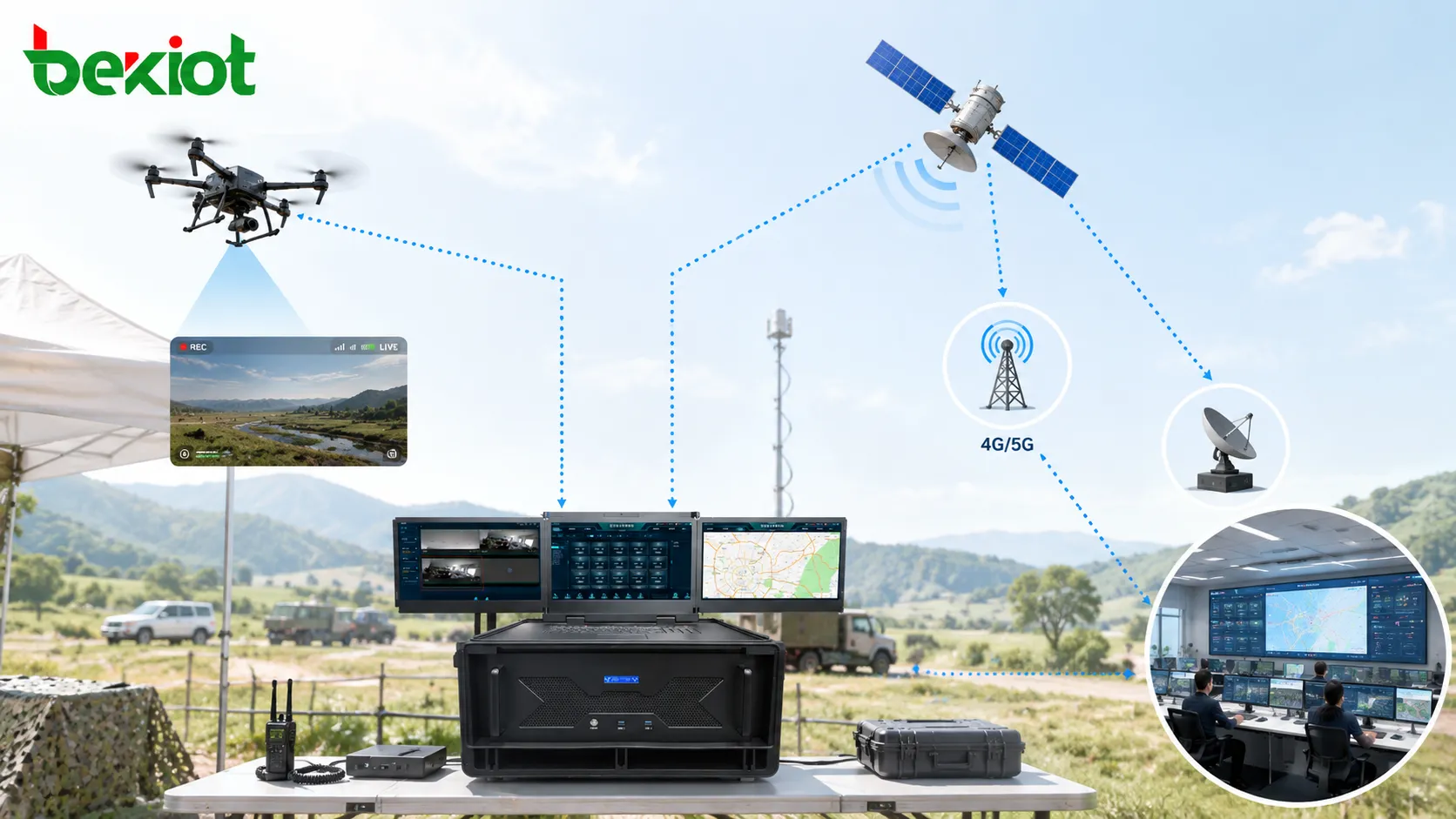 Retorno de vídeo de drones por rede ad hoc de banda larga e transmissão via satélite 4G 5G