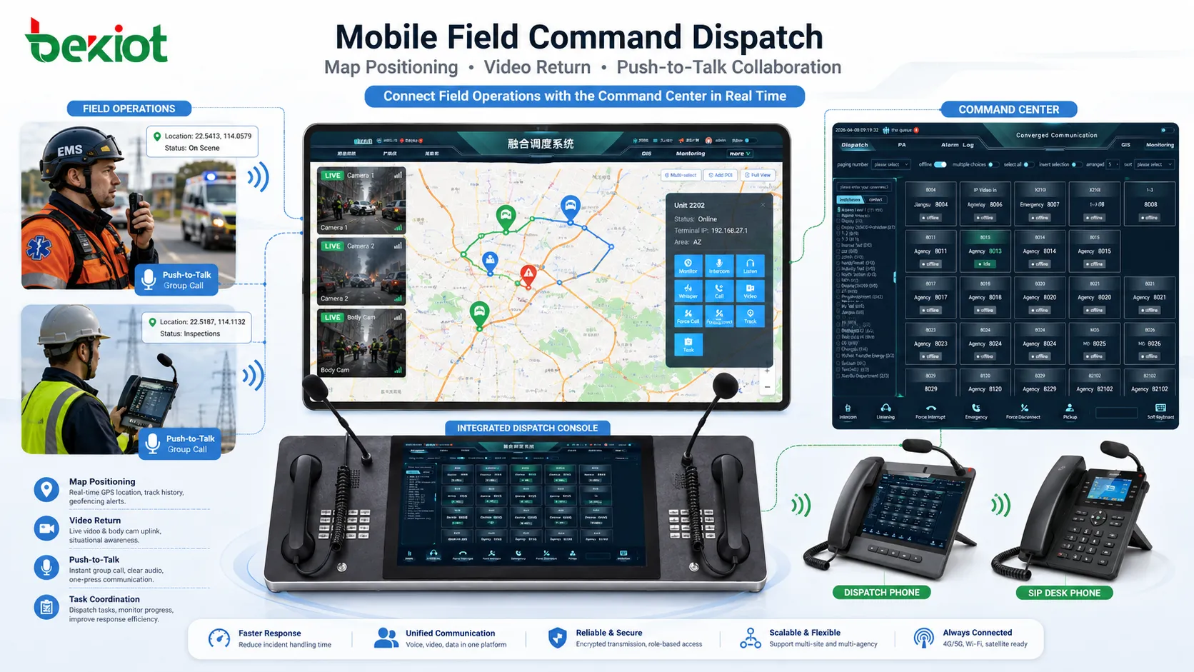 Despacho de comando de campo móvel com posicionamento em mapa, retorno de vídeo e colaboração por push-to-talk