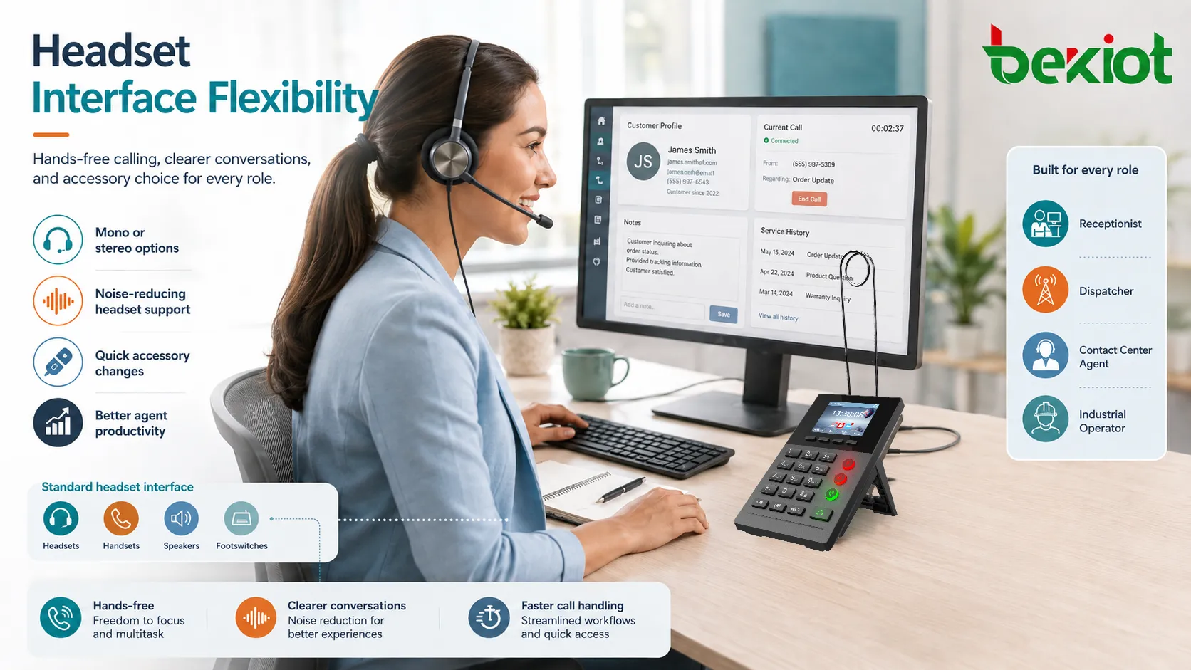 Estação de contact center usando entrada de headset para chamadas de agente registros de clientes e operação mãos livres