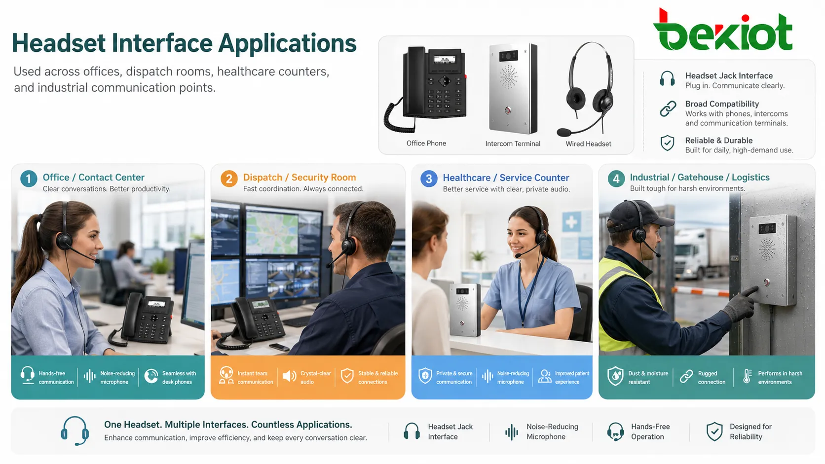 Aplicações de entrada de headset em telefones de escritório consoles de despacho balcões de saúde e terminais industriais