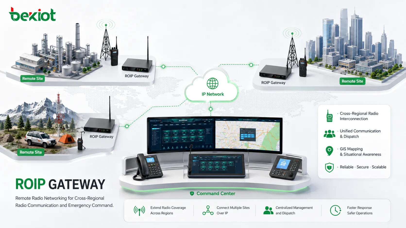 Rede de rádio remota com gateway ROIP para comunicação por rádio inter-regional e comando de emergência