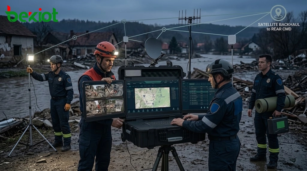 Posto de comando de campo conectado ao centro de comando de emergência de retaguarda através de links de satélite, rádio, vídeo e rede auto-organizável