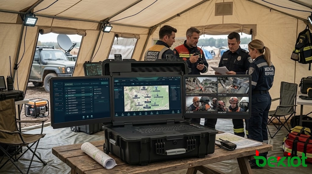 Equipamento de comando de emergência portátil transportado por equipe de resgate para implantação de comunicação no local do desastre