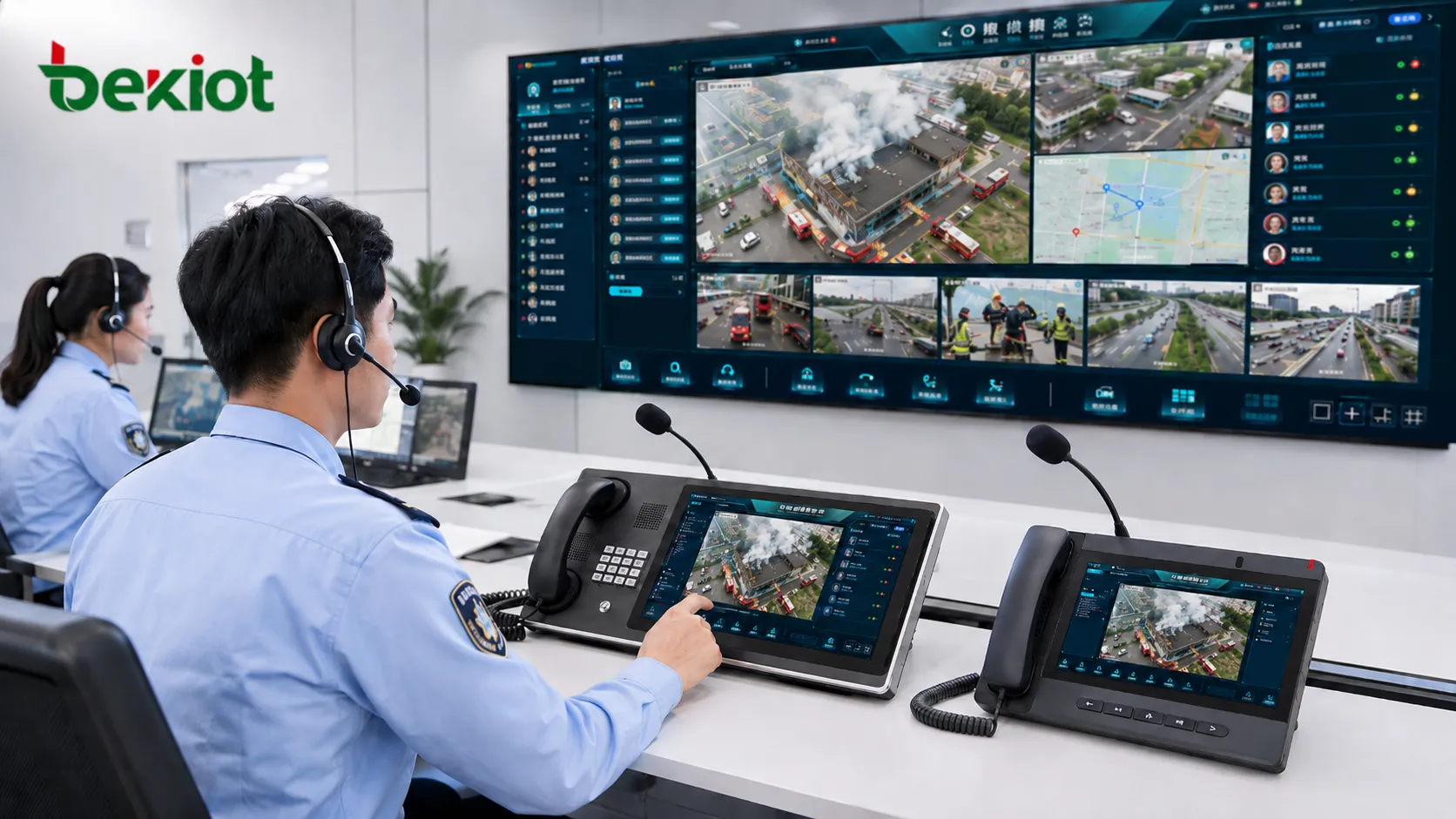 Vídeo de drone exibido no console de despacho com comando de voz e monitoramento de campo multi-fonte