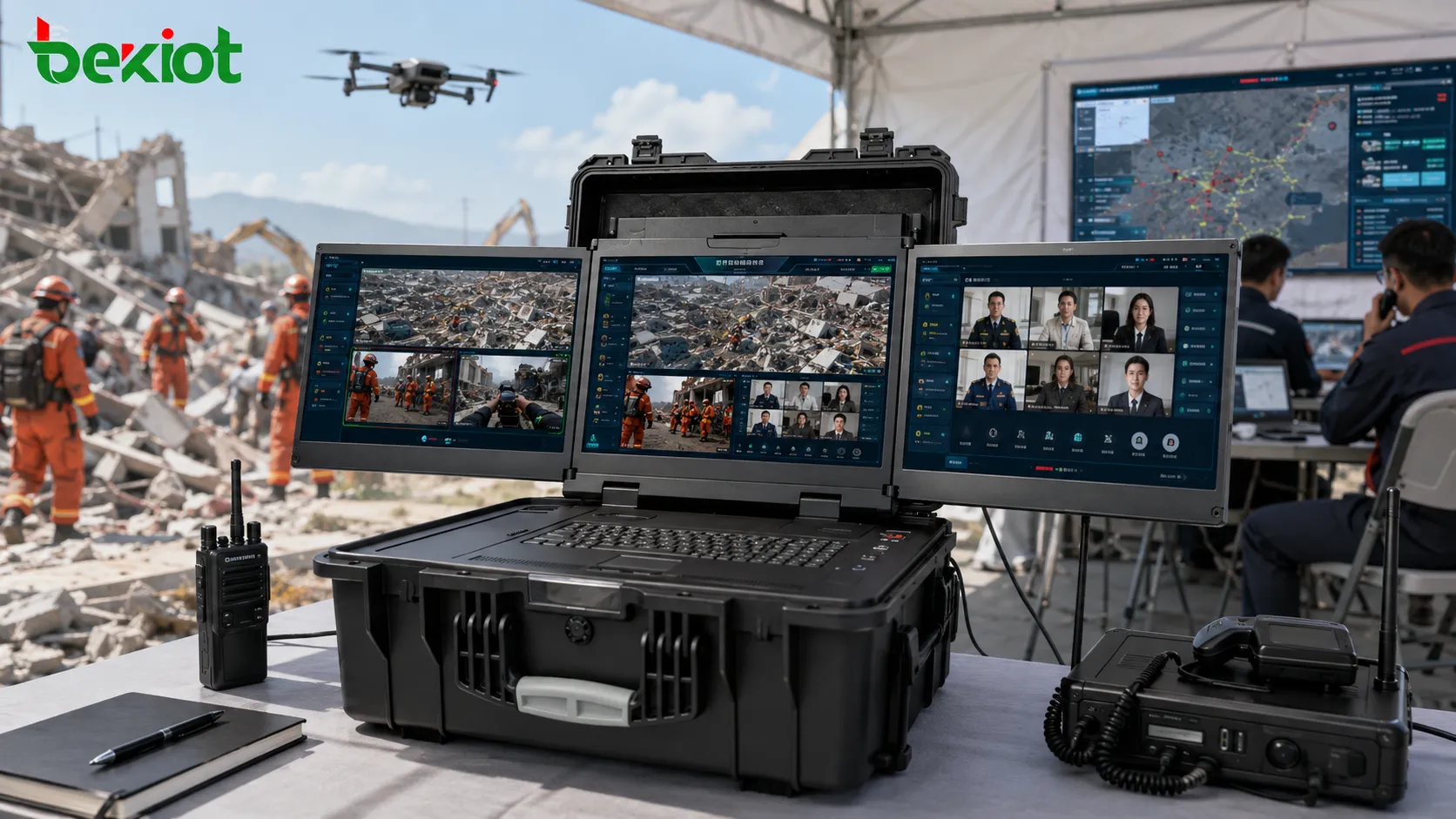 Caixa de comando de emergência combinando câmera de drone, câmera corporal e vídeo de conferência em um único fluxo fundido de múltiplas telas