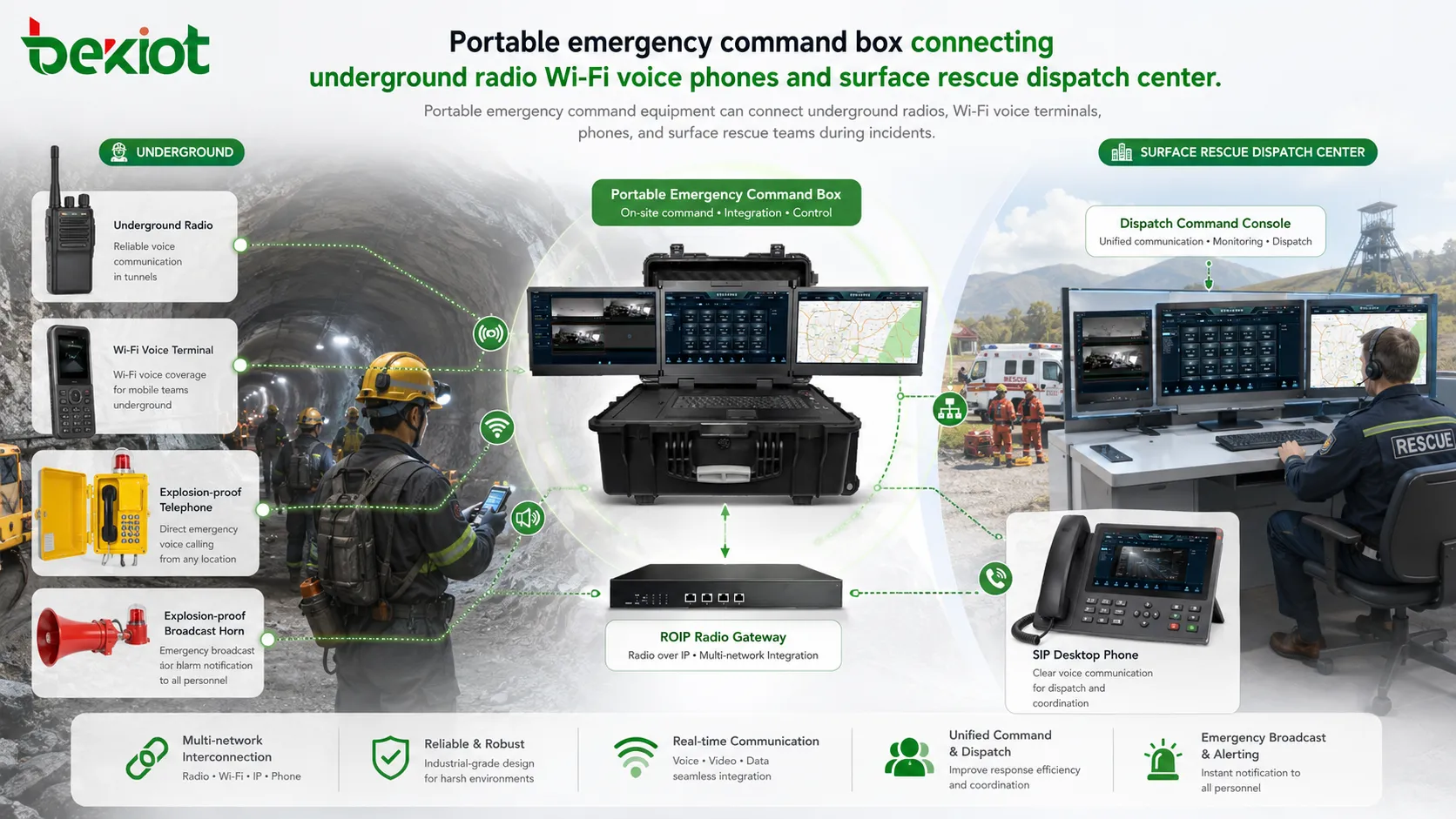 Caixa de comando de emergência portátil conectando rádio subterrâneo, telefones de voz Wi-Fi e centro de despacho de resgate de superfície