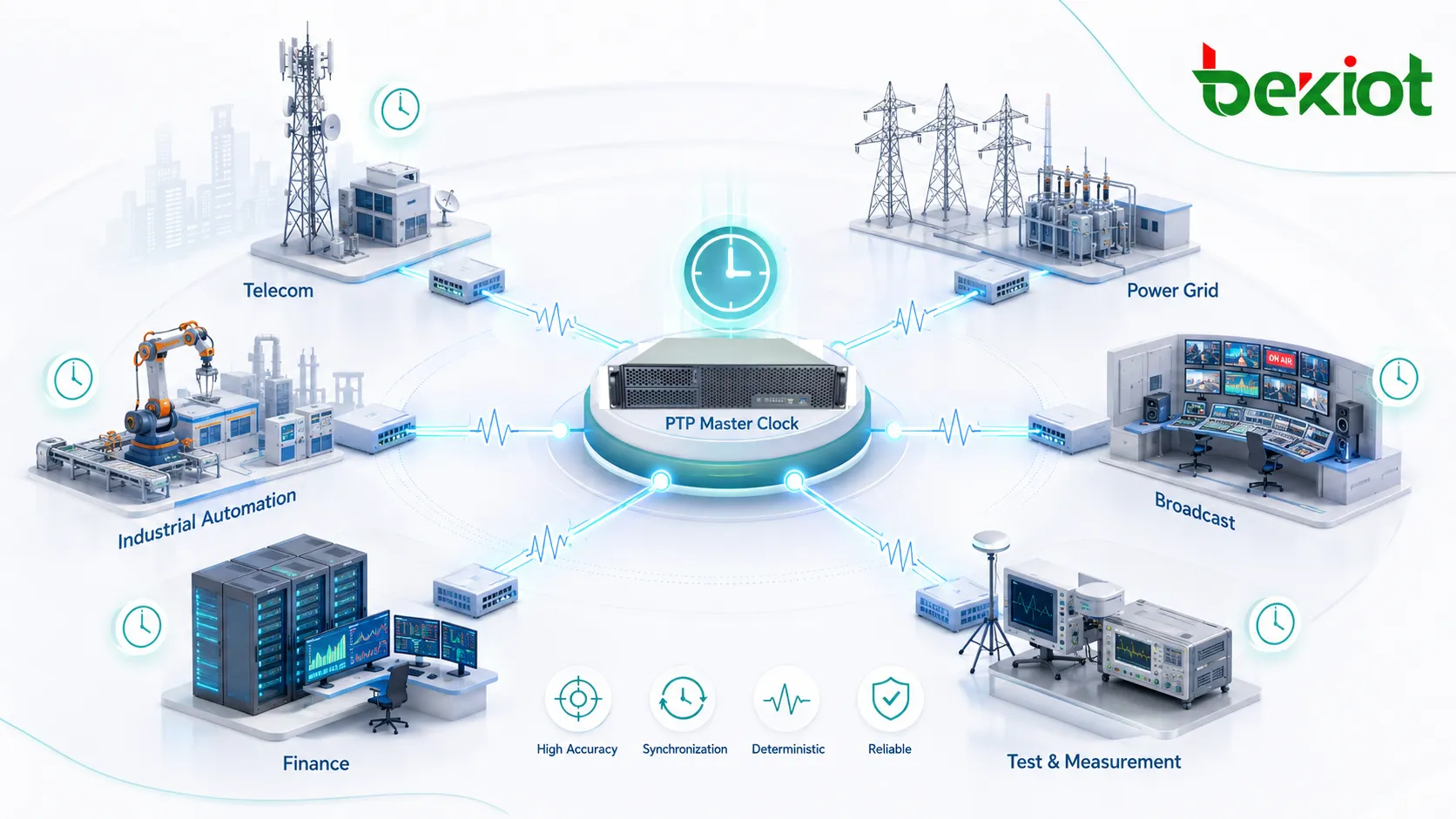 Aplicações PTP em estação base de telecomunicações, automação de rede elétrica, estúdio de transmissão e rede de negociação financeira