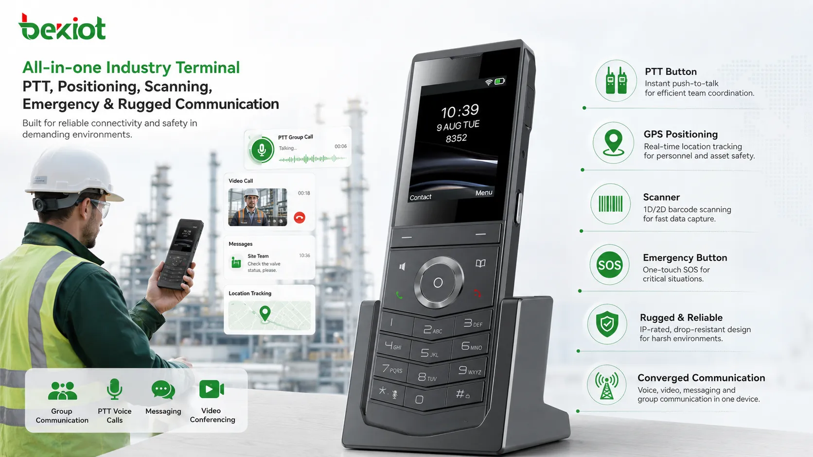Terminal industrial com botão PTT, posicionamento GPS, scanner, botão de emergência e funções de comunicação robustas