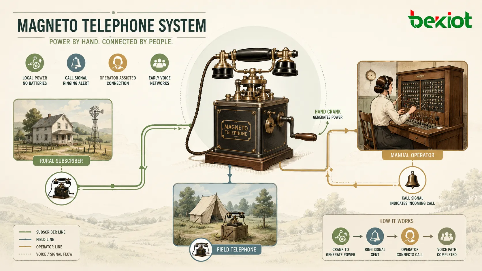 Sistema histórico de telefone magneto ligando usuários rurais, telefones de campo e central manual