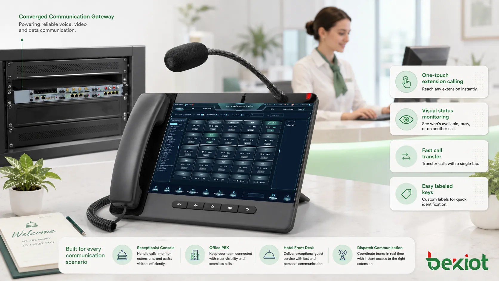 Aplicações de teclas DSS em console de recepção PBX de escritório balcão de hotel e despacho de comunicação