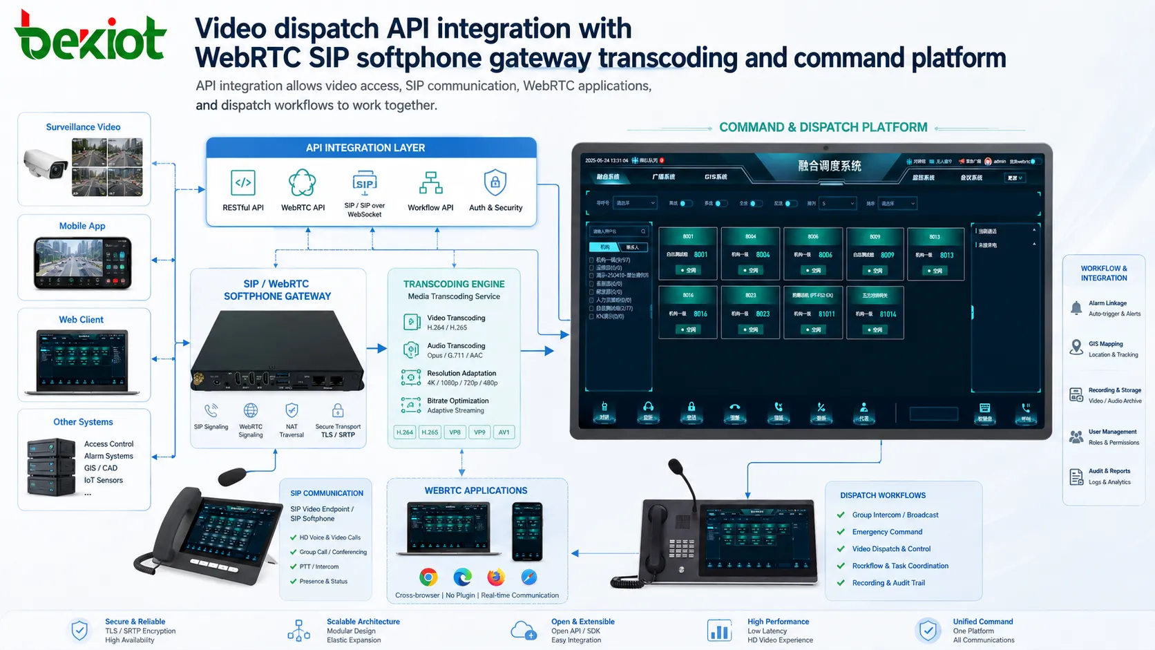 Integração de API de distribuição de vídeo com WebRTC softphone SIP gateway transcodificação e plataforma de comando
