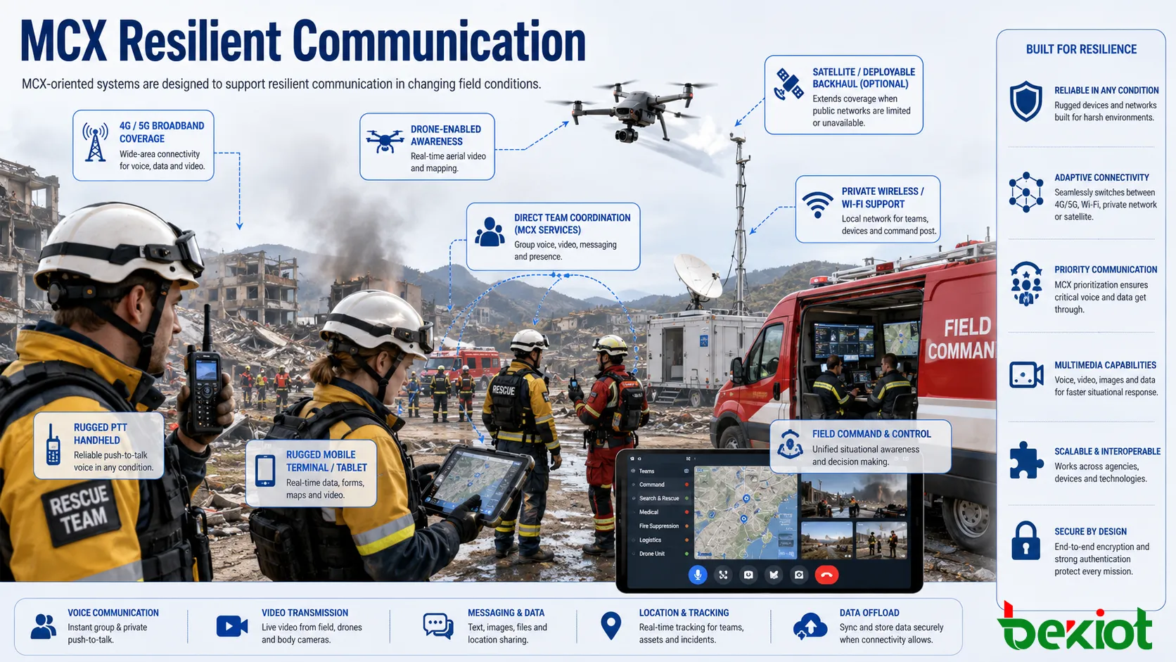 Comunicação resiliente MCX apoiando resposta de emergência em campo cobertura de banda larga e coordenação direta de equipes
