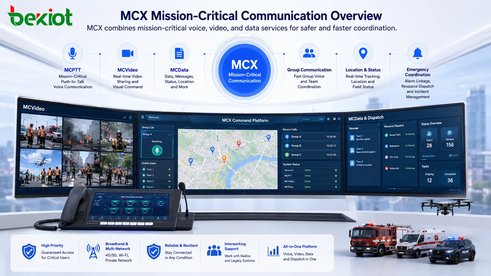 Plataforma de comando de vídeo MCX integrando vídeo de campo console de despacho mapa GIS e comunicação de emergência