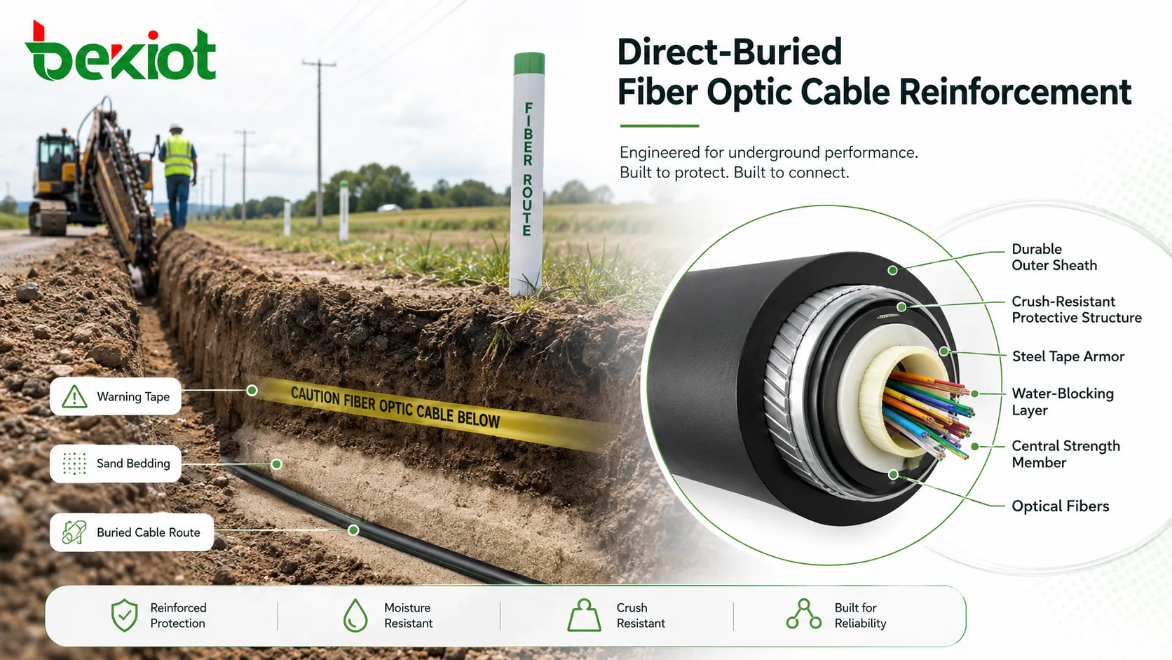 Reforço de cabo de fibra óptica diretamente enterrado: métodos e requisitos padrão