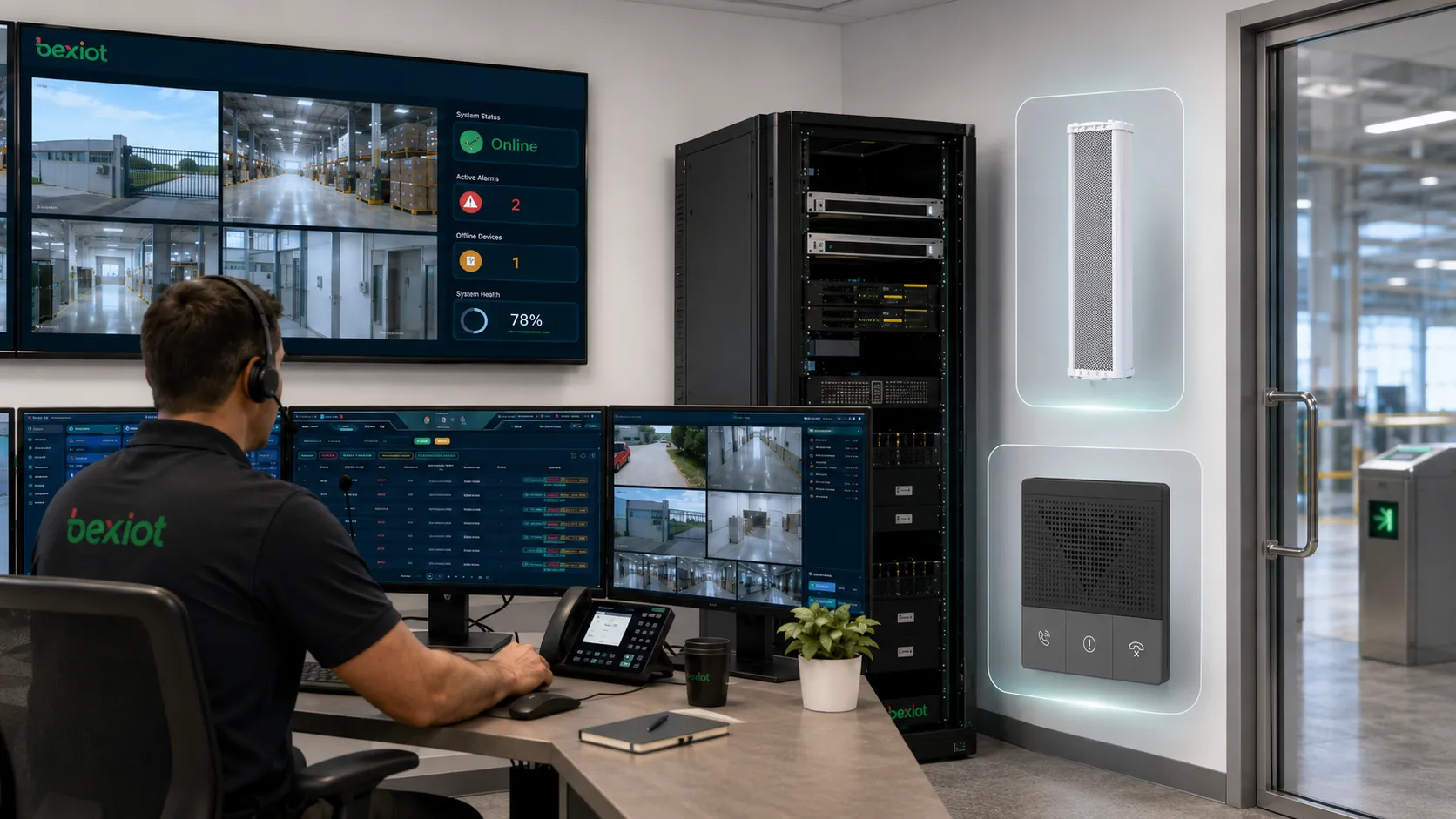 Sala de controle de emergência integrando painel de alarme, paging, transmissão, CCTV, controle de acesso e coordenação BK-RCS