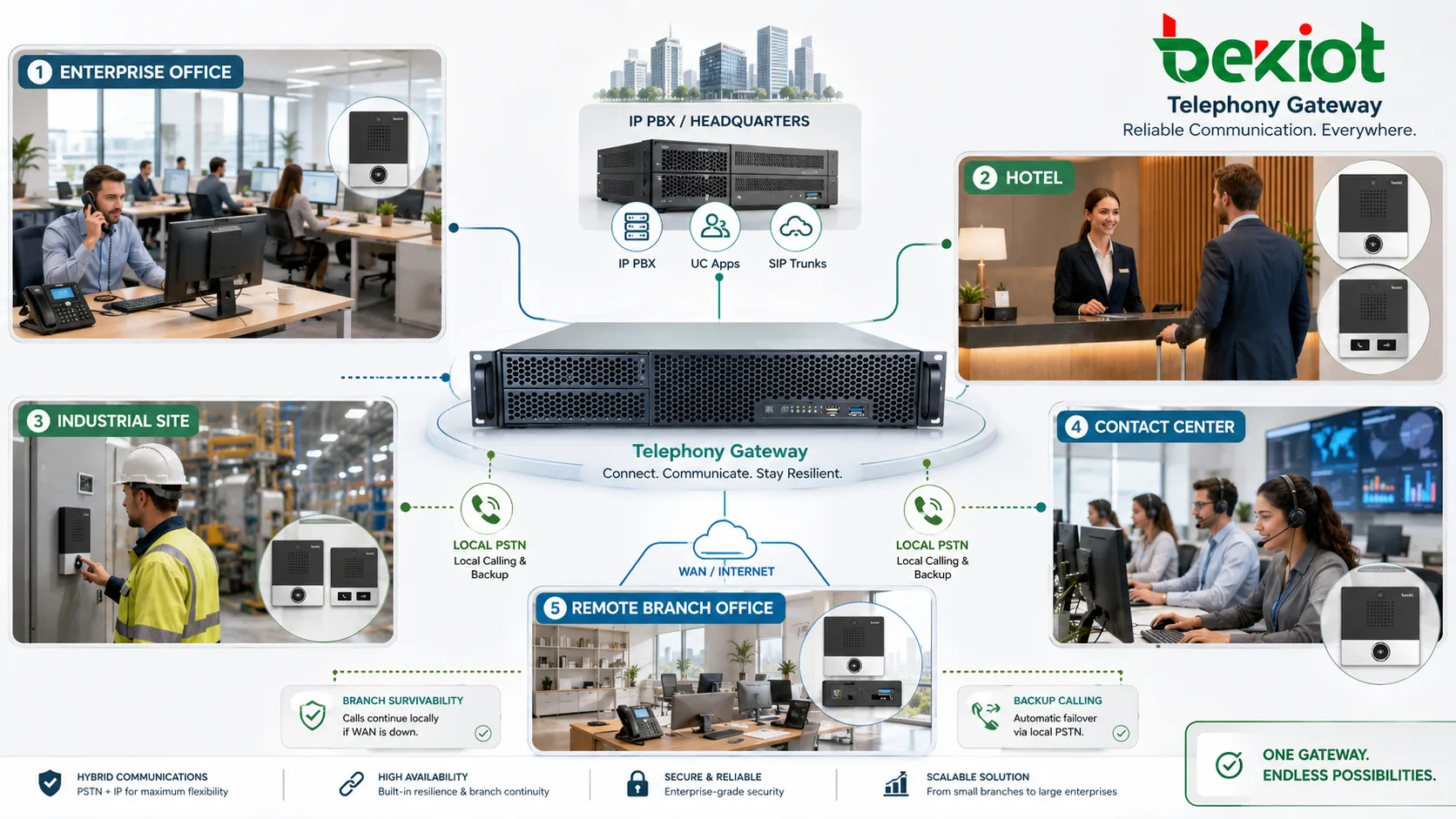 Aplicações de gateway em escritório, hotel, site industrial, contact center e filial remota