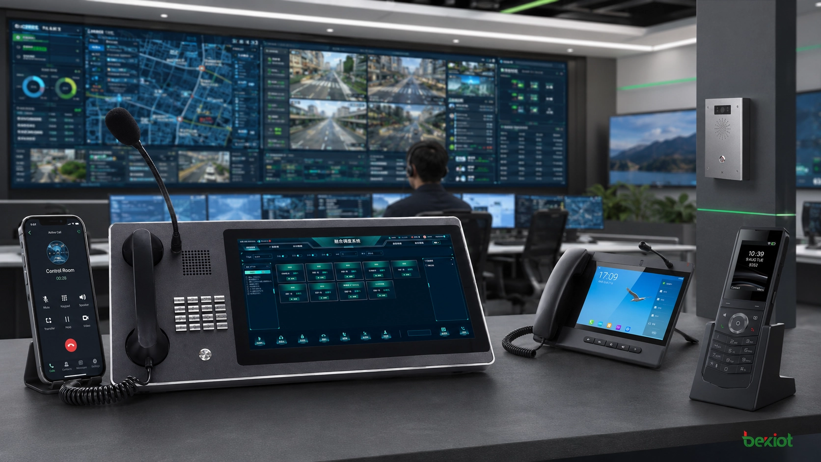 Console de despacho com controle multipantalla, aplicativo móvel, telefones SIP e terminais robustos para centro de comando de áudio e vídeo