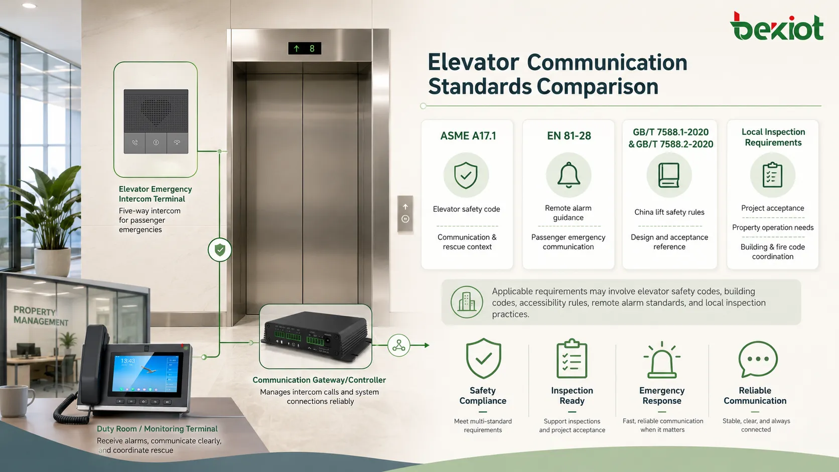 Comparação de normas de comunicação de elevador com ASME A17.1 EN8128 GB T 7588 e inspeção local