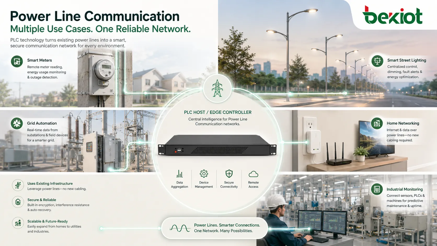 Usos da Comunicação por Linha de Energia em medidores inteligentes, iluminação pública, automação de rede, redes domésticas e monitoramento industrial