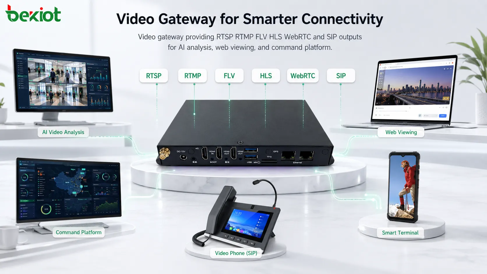 Gateway de vídeo fornecendo saídas RTSP RTMP FLV HLS WebRTC e SIP para análise de IA visualização web e plataforma de comando