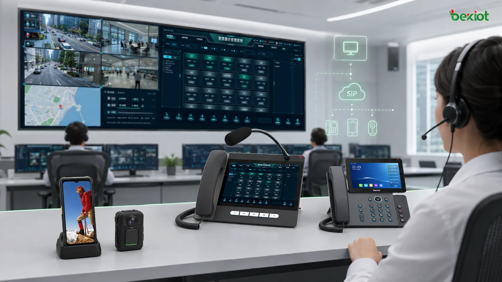 Arquitetura de console de despacho por vídeo combinando telefone com vídeo tela grande software de comando imagens de câmeras e comunicação SIP