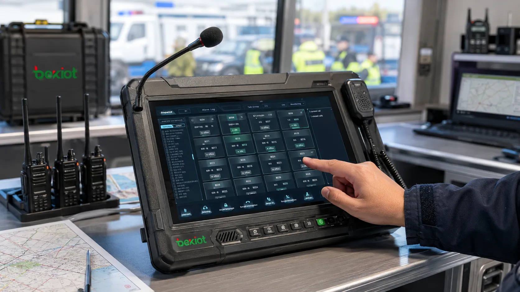 Console portátil de despacho de voz gerenciando grupos temporários de rádio com operação em painel touch em posto de comando de emergência