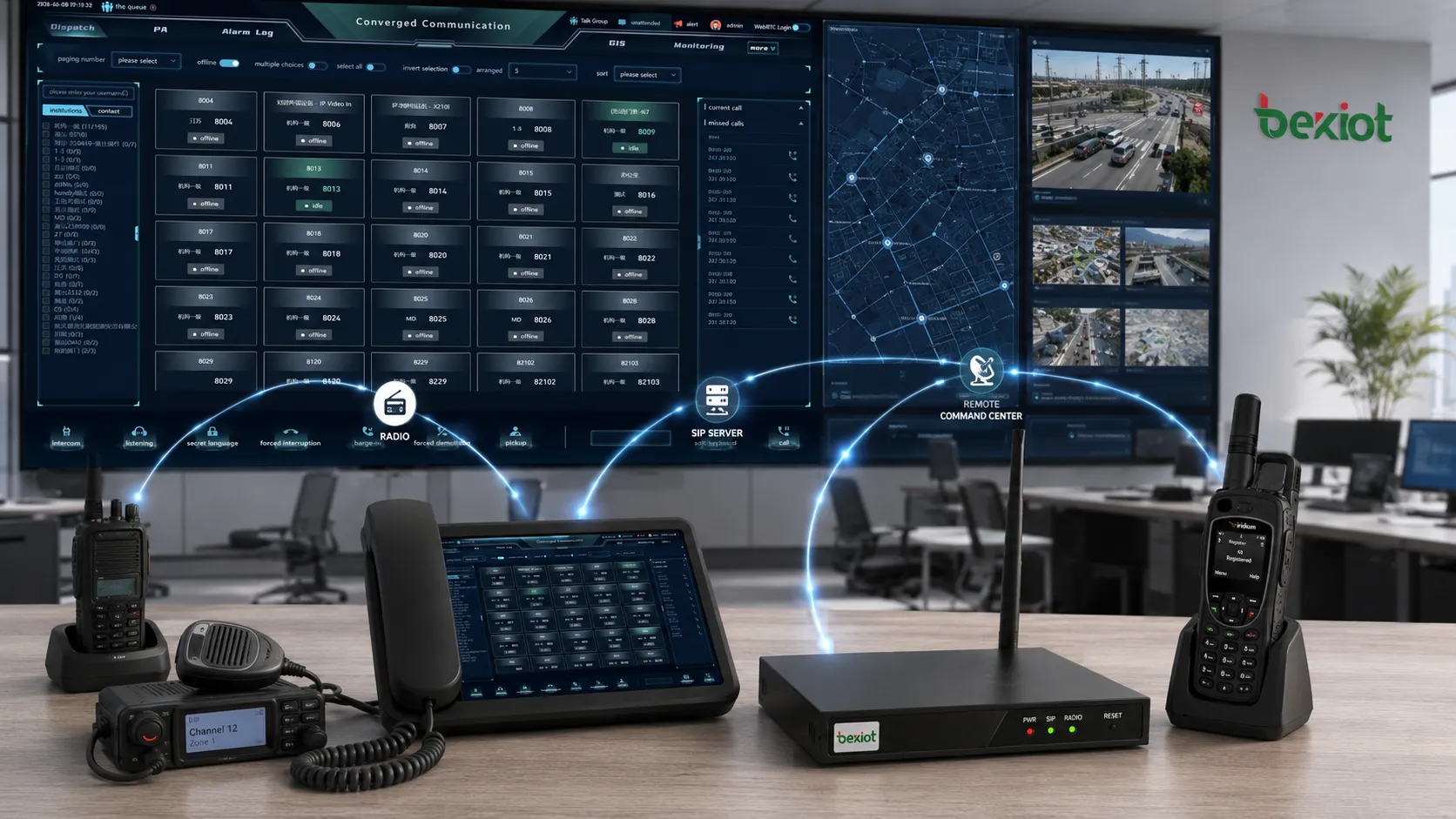Arquitetura de integração com gateway RoIP console portátil de despacho de voz servidor SIP telefone via satélite e centro de comando remoto