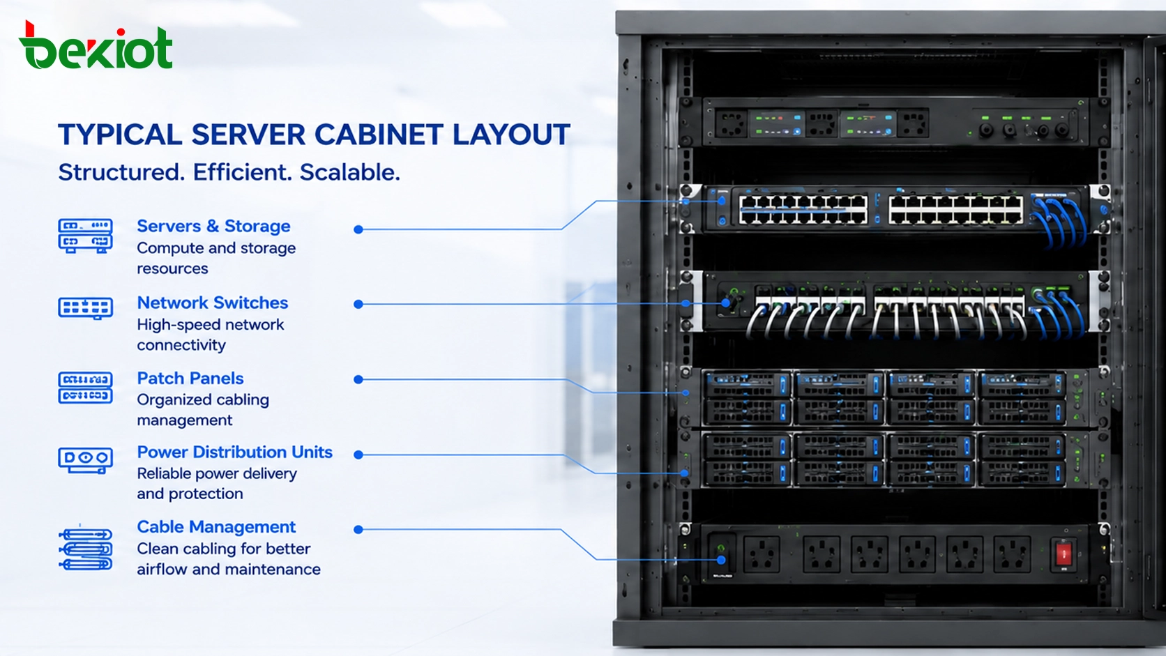 Layout de gabinete de servidor telecom com switch de rede gateway servidor patch panel e unidades de distribuição de energia