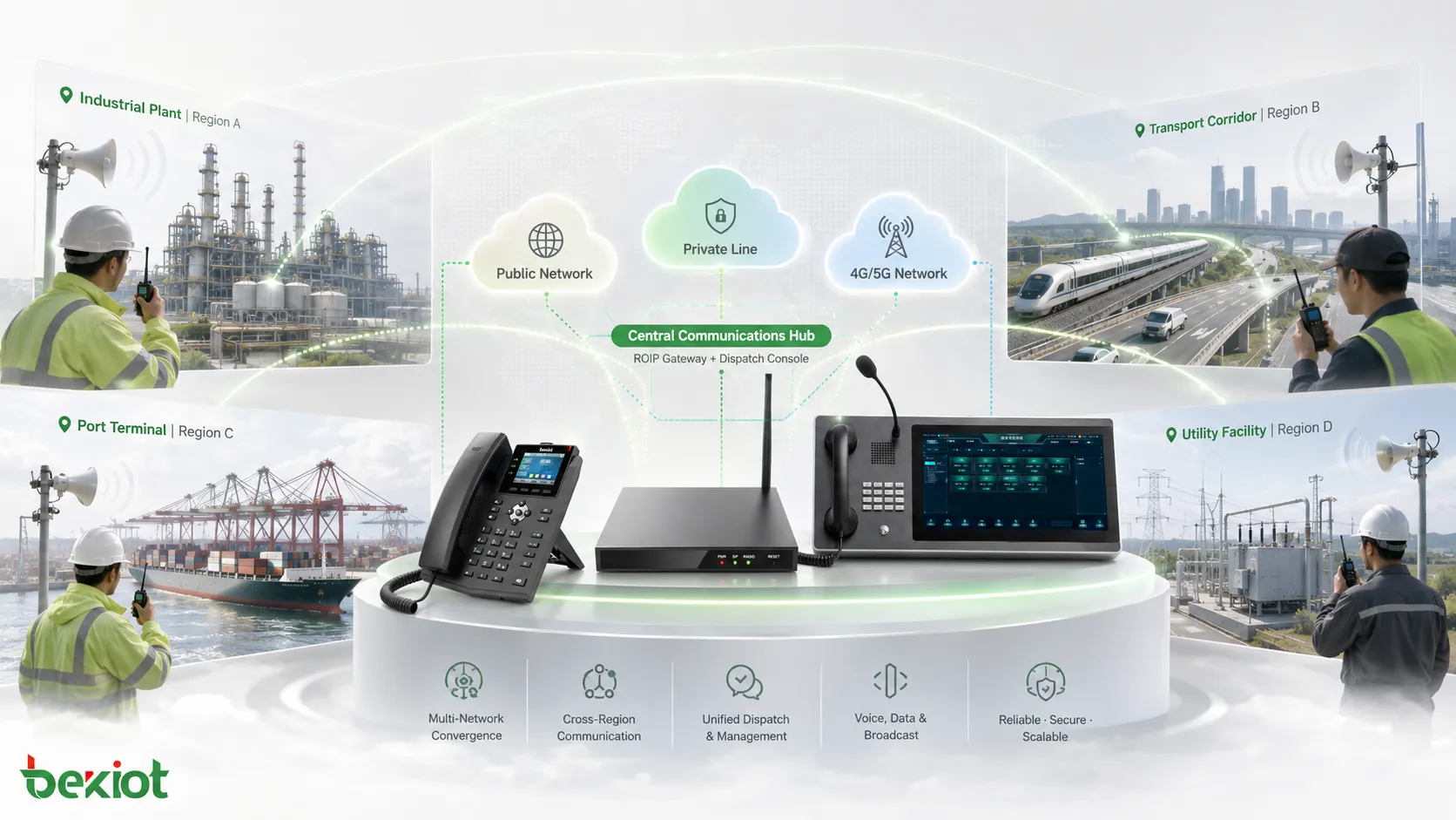 Comunicação por rádio entre regiões estendida através de rede pública, linha privada e rede 4G/5G por gateway