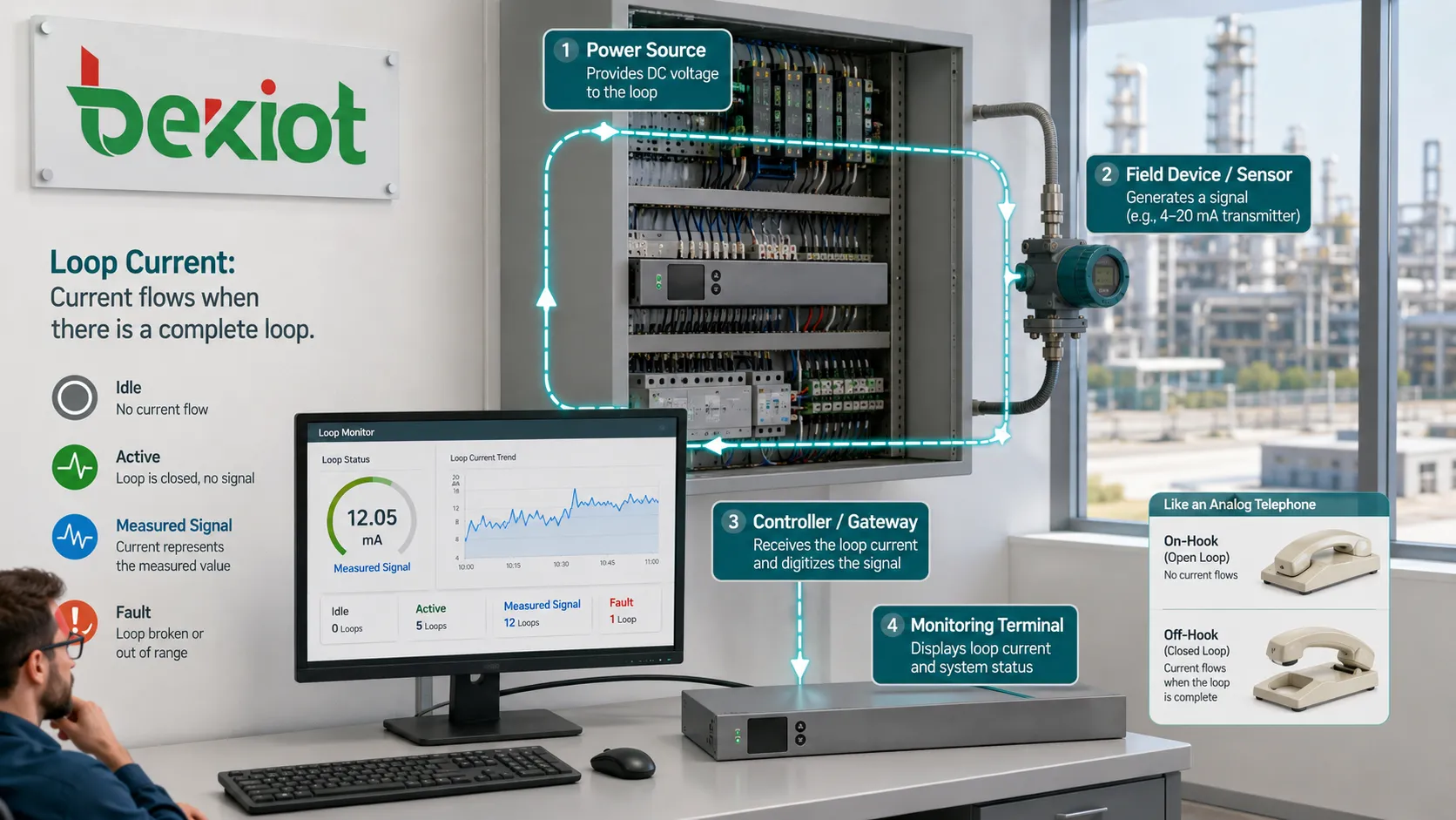 Conceito de corrente de loop mostrando caminho fechado entre fonte dispositivo de campo controlador e terminal de monitoramento