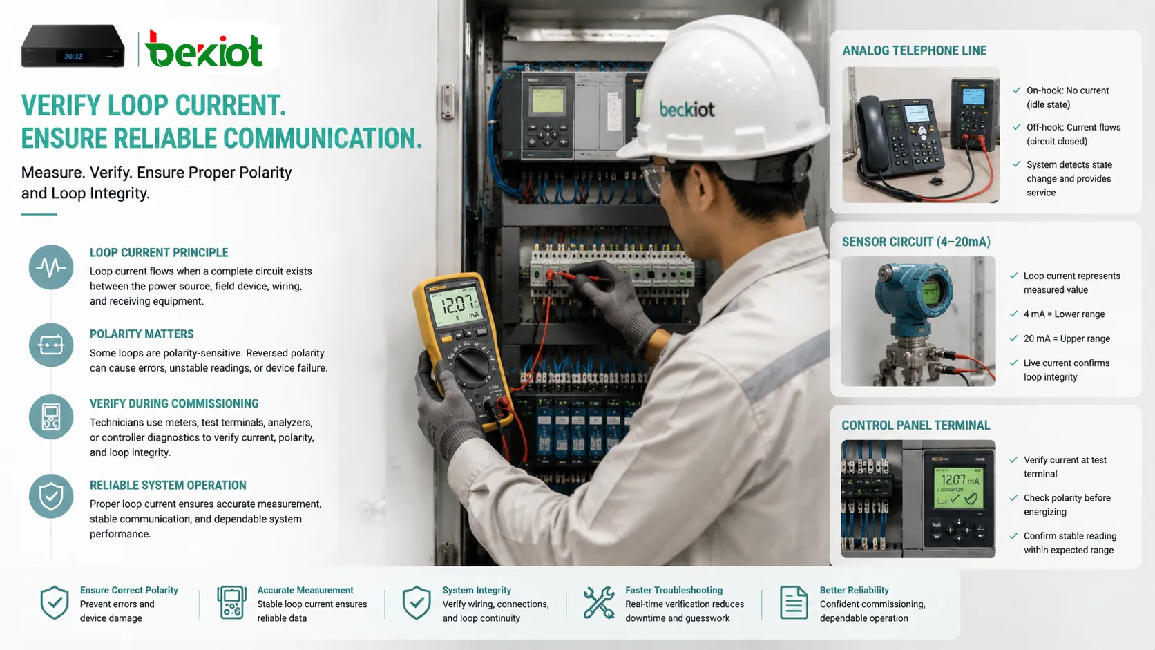Técnico medindo corrente de loop com multímetro em linha telefônica analógica circuito de sensor e terminal de painel de controle