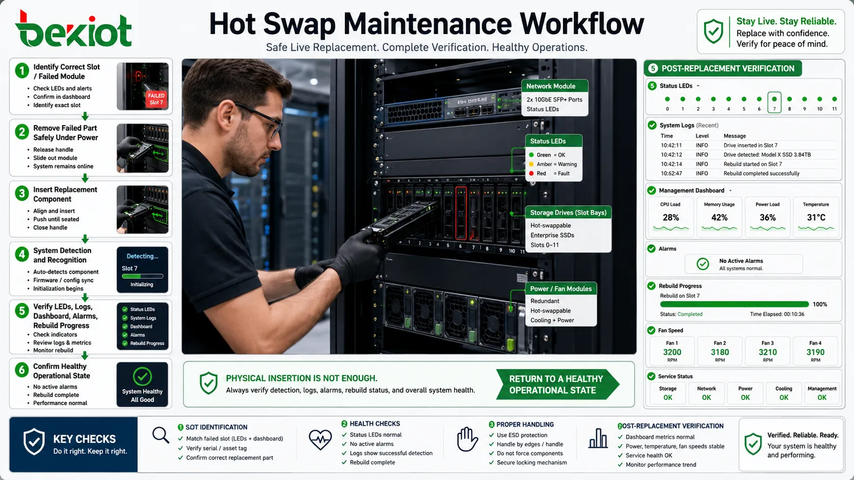 Técnico de escritório realizando manutenção hot swap com servidor em rack identificado, disco de armazenamento e indicadores de módulo de rede