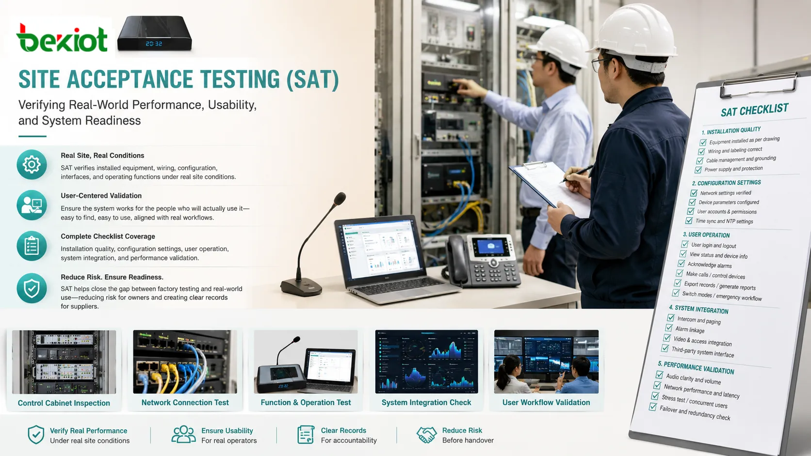 Checklist de Site Acceptance Testing cobrindo qualidade de instalação configuração operação do usuário e verificação de integração