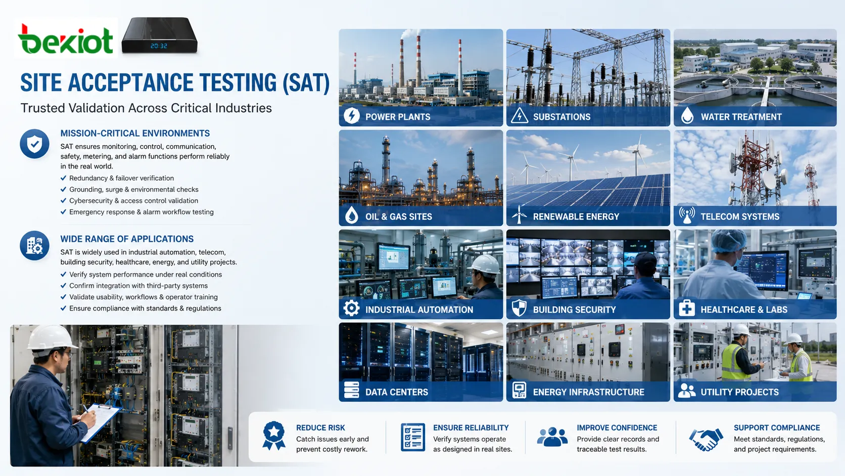 Aplicações de Site Acceptance Testing em automação industrial telecomunicações segurança predial saúde e projetos de energia e utilidades