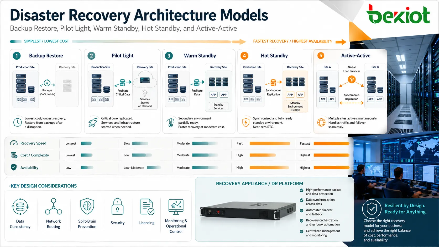 Modelos de arquitetura de recuperação de desastres incluindo backup restore pilot light contingência morna e failover ativo ativo