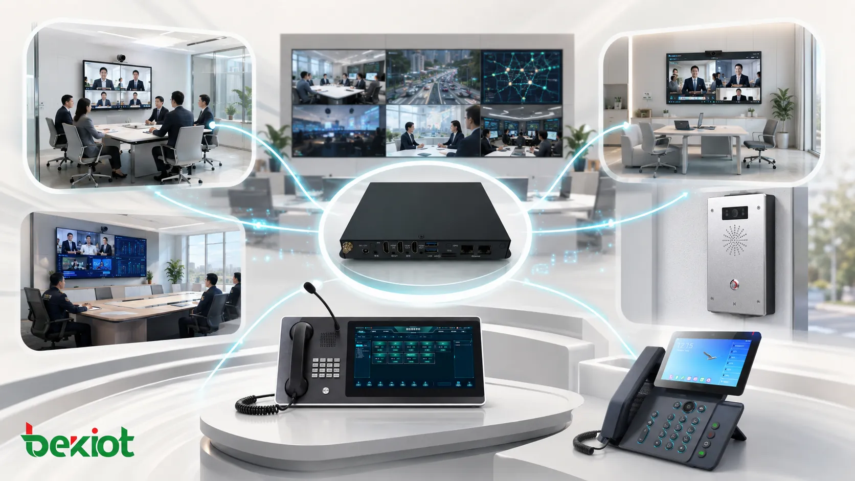 Centro de comando multi-departamental conectando diferentes sistemas de videoconferência através de um gateway
