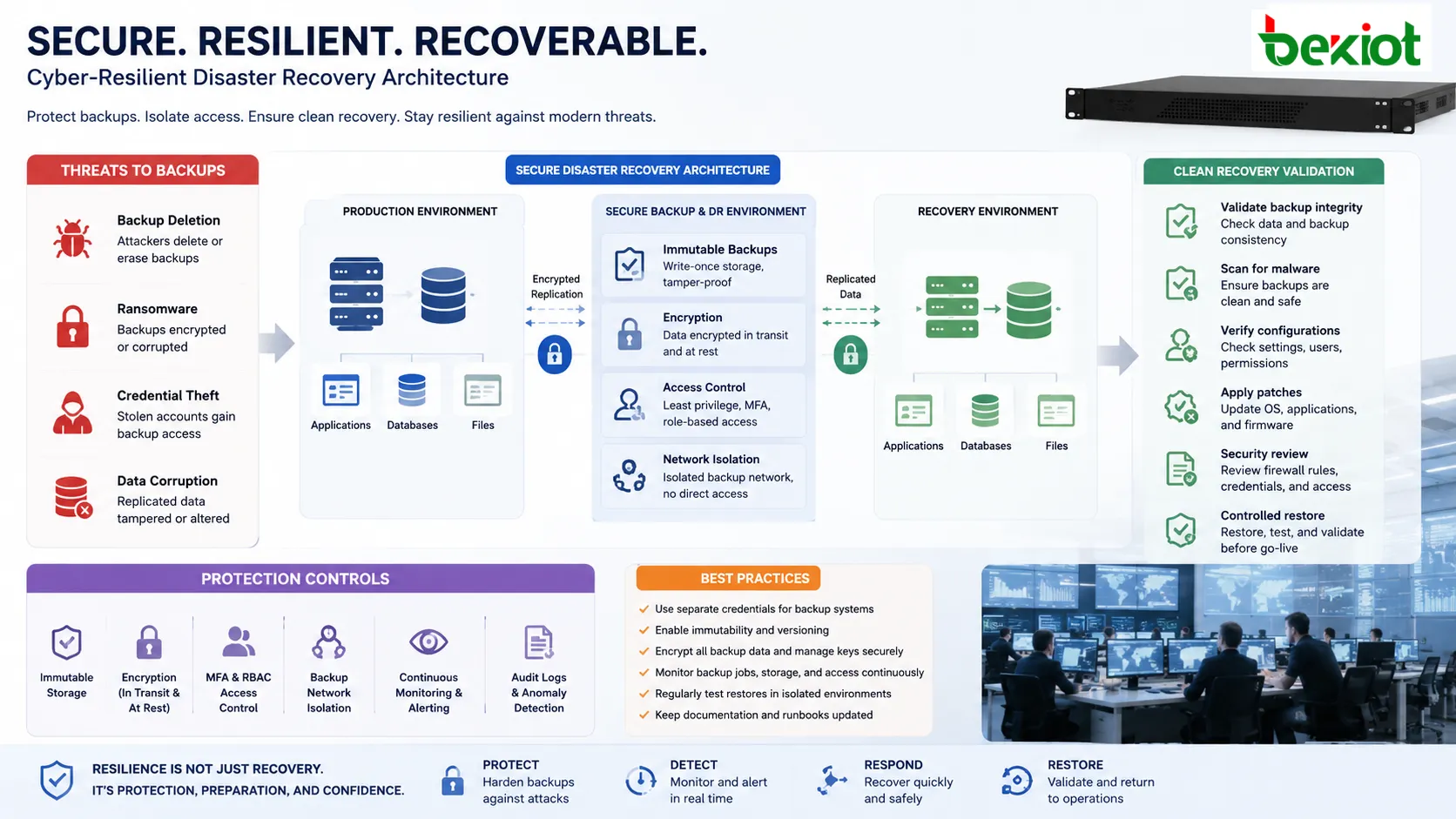 Desenho de cibersegurança para recuperação de desastres com backup imutável replicação criptografada controle de acesso e validação limpa