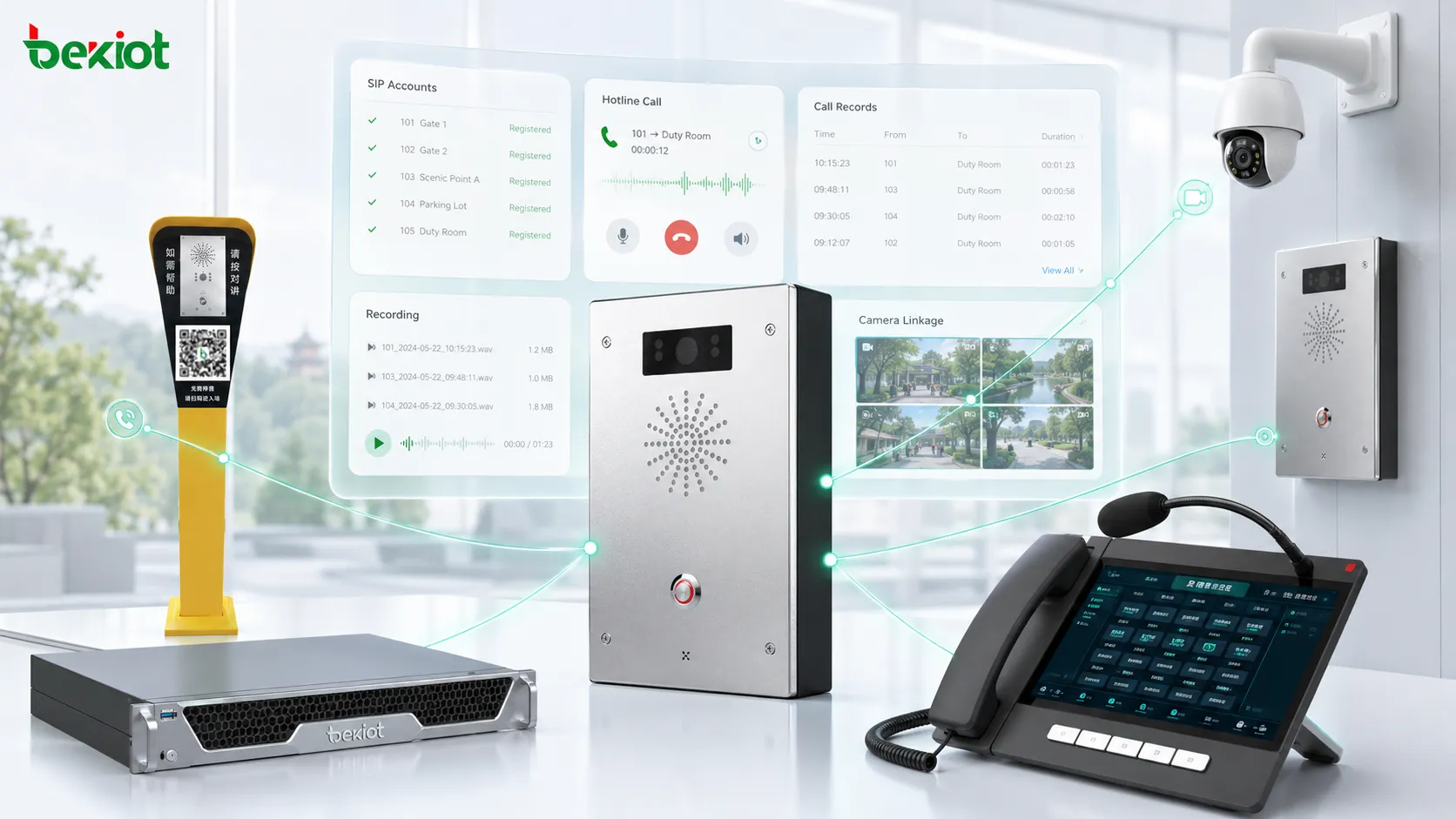 Servidor SIP gerenciando registro de interfone, chamada de linha direta, gravação e vinculação de câmeras