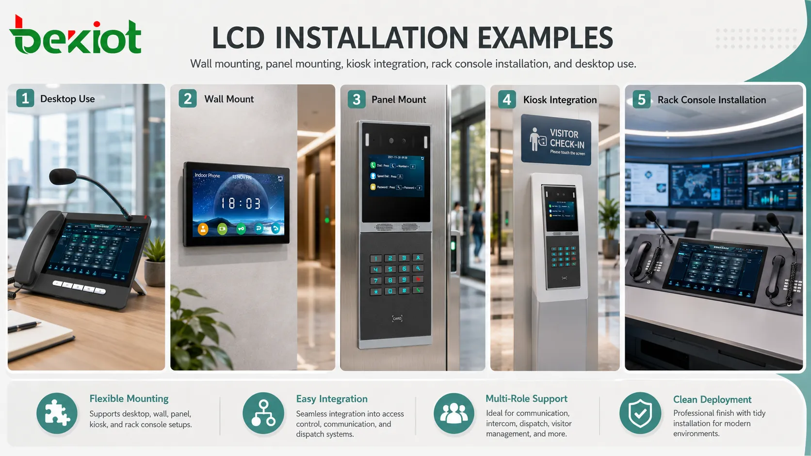Opções de instalação LCD incluindo montagem VESA na parede, montagem em painel, integração em quiosque, console de rack e monitor de mesa