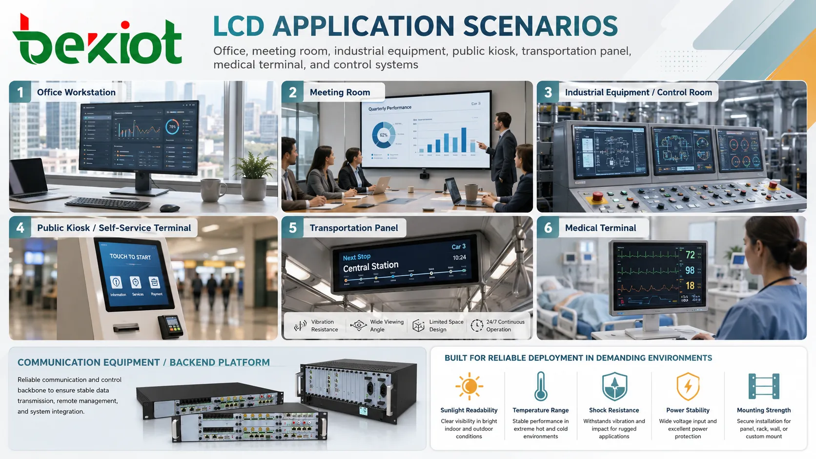 Aplicações LCD em sala de reunião de escritório, equipamento industrial, quiosque público, painel de transporte e terminal médico