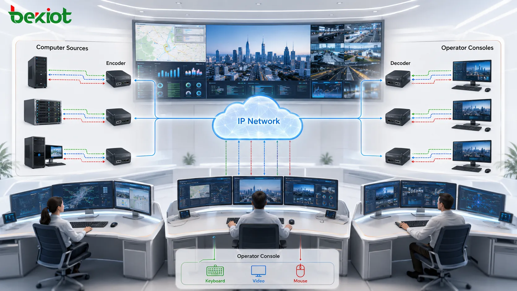 O que é um sistema KVM distribuído e quais dispositivos ele inclui?