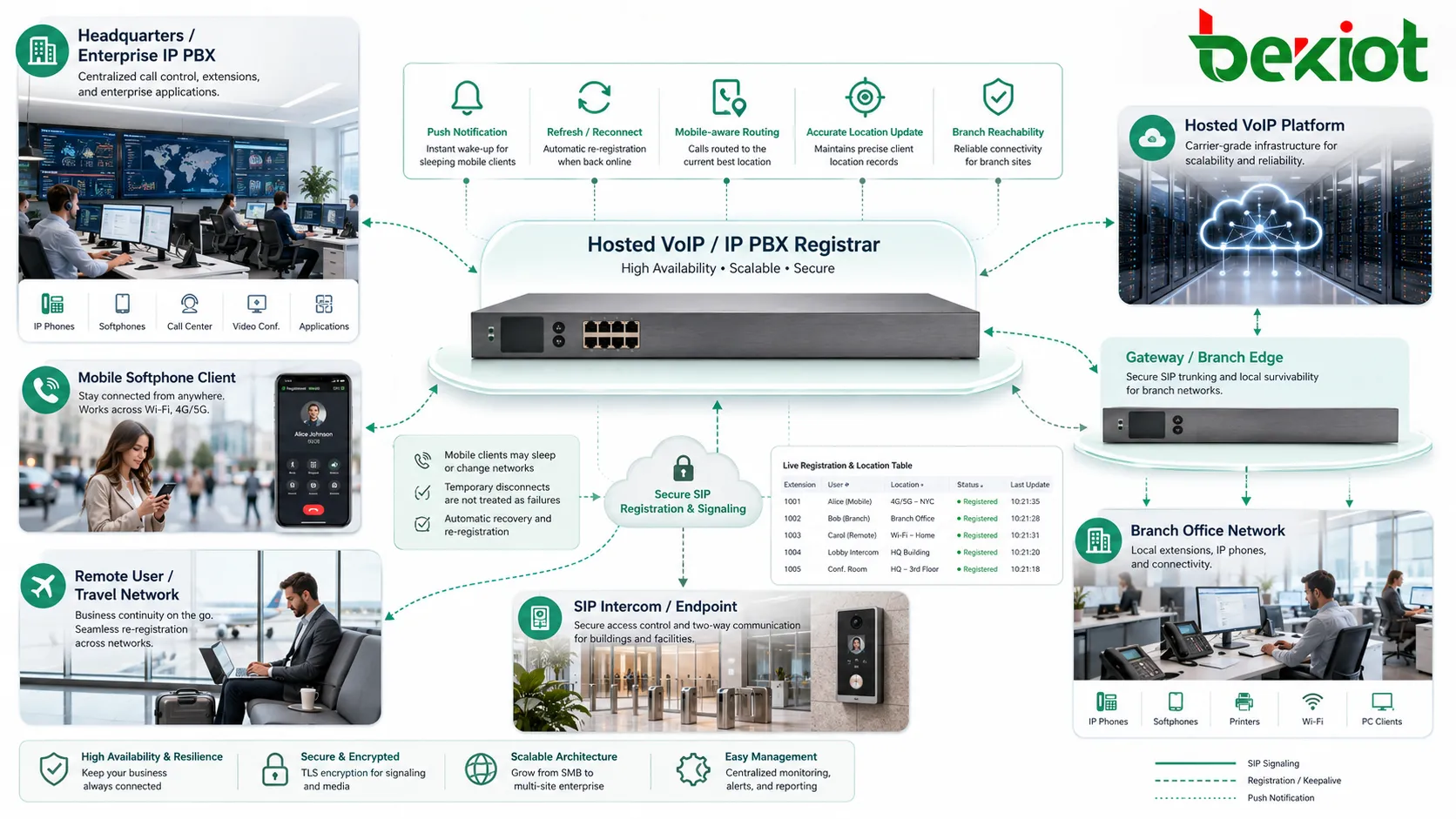 Serviços Registrar são usados em IP PBX, VoIP hospedado, filiais, clientes móveis, gateways e terminais SIP.