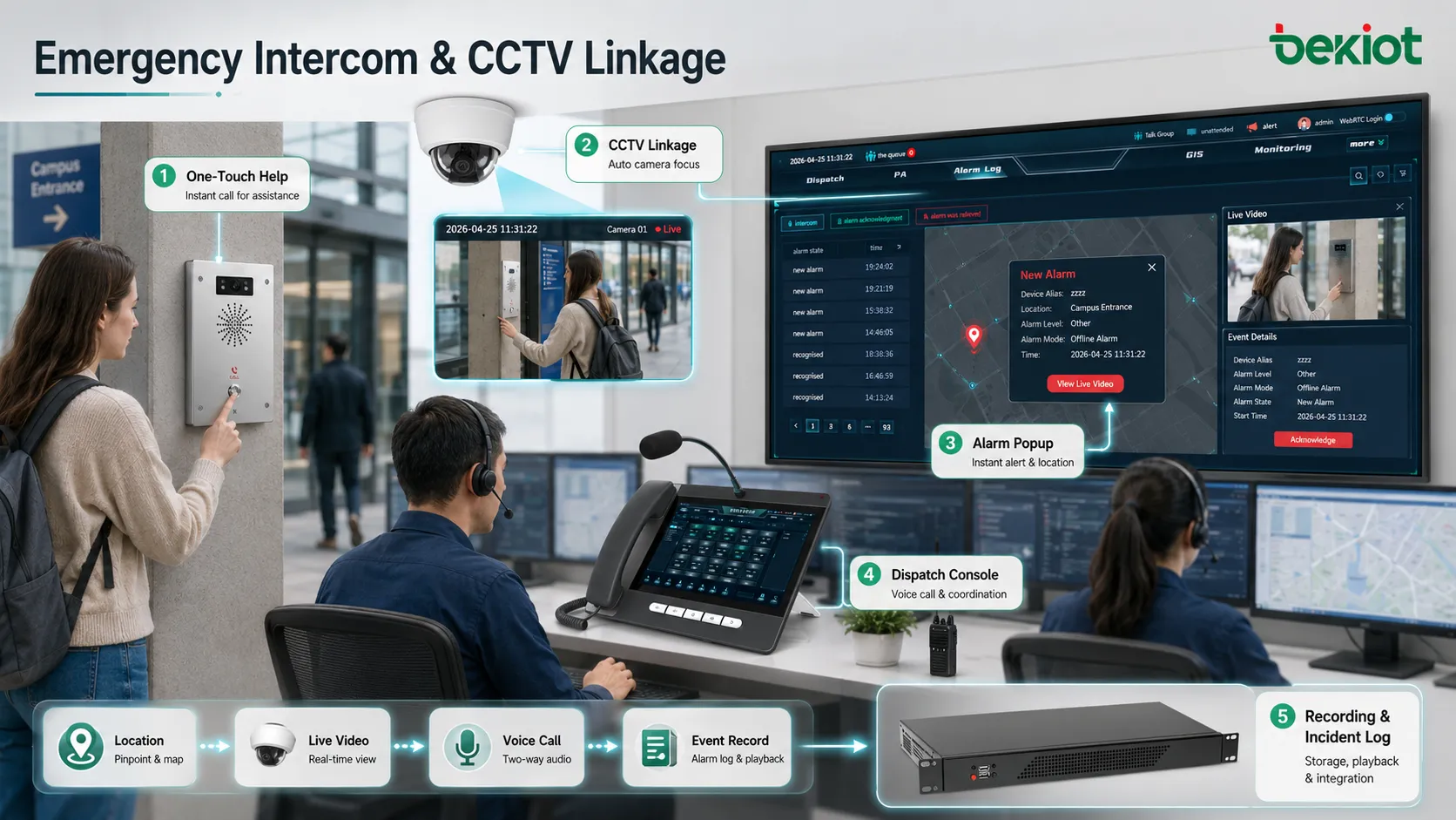 Terminal de intercomunicação de emergência conectado a câmera CCTV mapa GIS popup de alarme e console de despacho