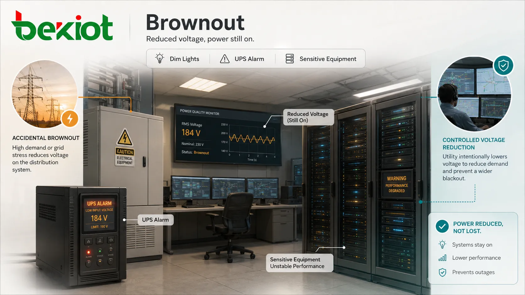 Evento de qualidade de energia brownout mostrando forma de onda de tensão reduzida luzes fracas alarme do UPS e equipamentos sensíveis afetados